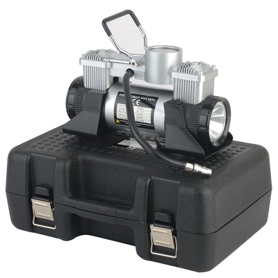 Un buen precio. DC12v de doble cilindro inflador de neumáticos de automóvil de metal con luz LED y caja de herramientas en línea
